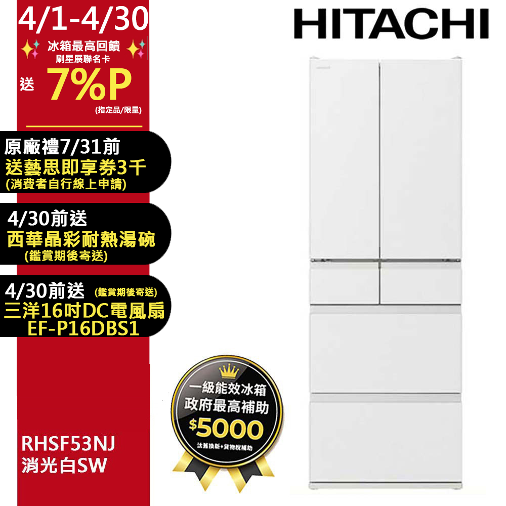 HITACHI 日立 527公升日本原裝變頻六門冰箱 RHSF53NJ消光白(SW)