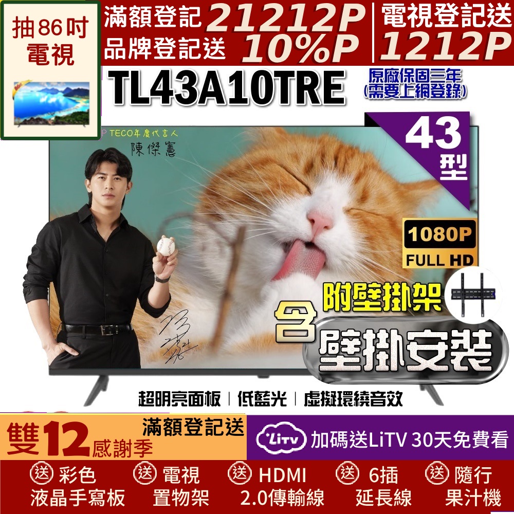 TECO 東元 43型FHD低藍光液晶顯示器+壁掛安裝(TL43A10TRE)