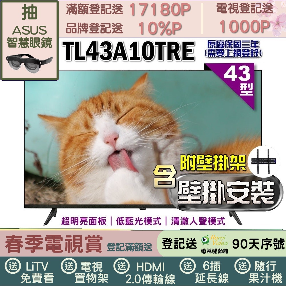 TECO 東元 43型FHD低藍光液晶顯示器+壁掛安裝(TL43A10TRE)