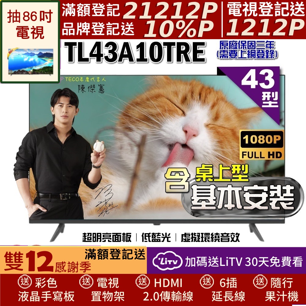 TECO 東元 43型FHD低藍光液晶顯示器+桌上型基本安裝(TL43A10TRE)