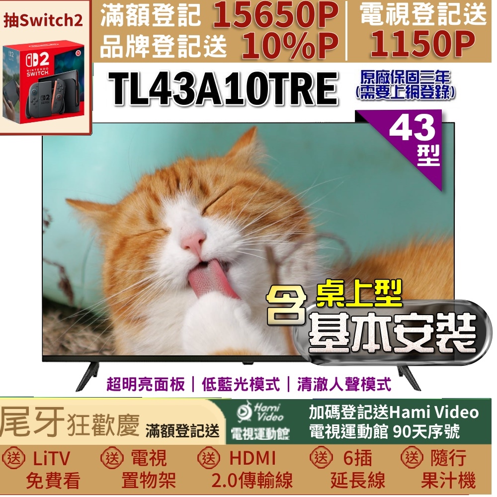 TECO 東元 43型FHD低藍光液晶顯示器+桌上型基本安裝(TL43A10TRE)