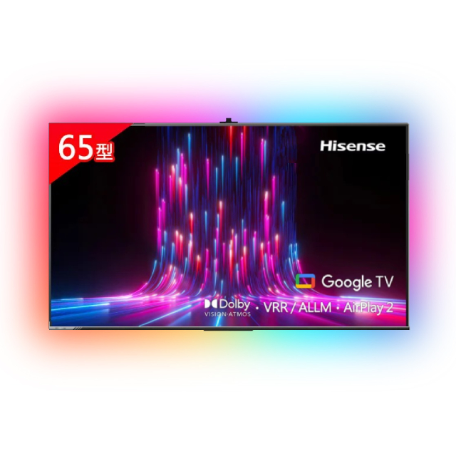 Hisense 海信 65型 4K Google+Apple雙認證 HSR 120Hz 杜比全景聲 AI語音智慧顯示器 含超薄壁掛架+電視情境燈 (65A6K)