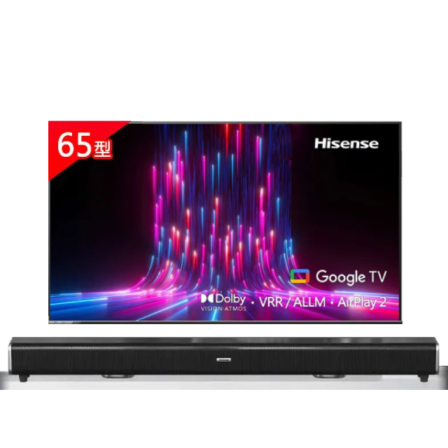 Hisense 海信 65型 4K Google+Apple雙認證 HSR 120Hz 杜比全景聲 AI語音智慧顯示器 (65A6K)+2.2聲道環繞聲霸