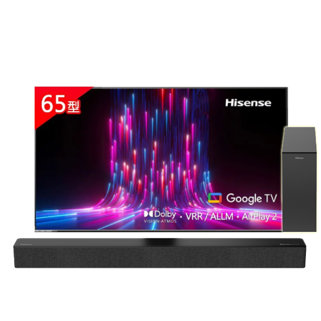 Hisense 海信 65型 4K Google+Apple雙認證 HSR 120Hz 杜比全景聲 AI智慧顯示器 含ATMOS無線重低音環繞聲霸 (65A6K)