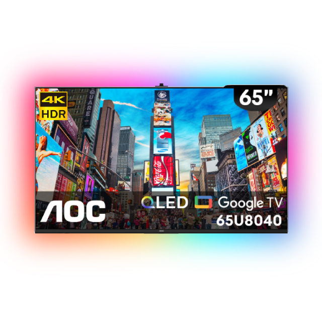 AOC 65型 4K QLED Google TV 雙杜比認證 量子點智慧顯示器 含超薄壁掛架+電視情境燈 (65U8040)