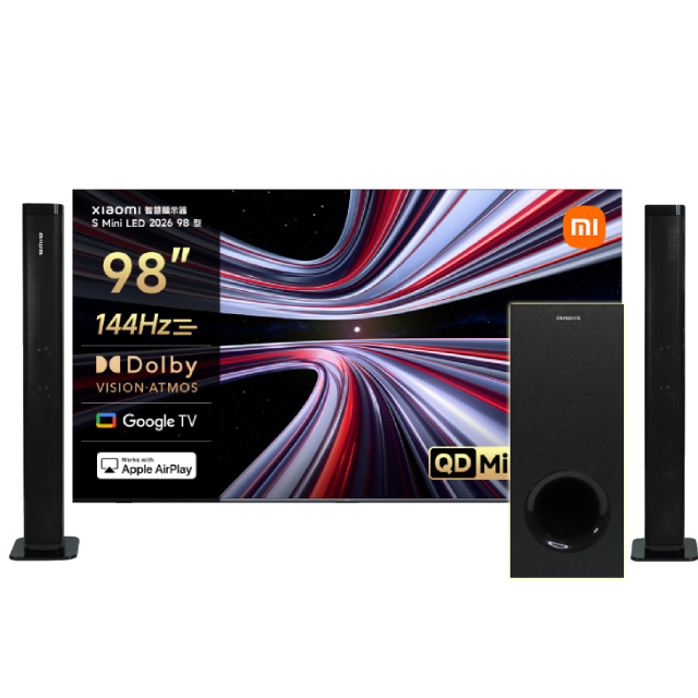 Xiaomi小米 S Mini LED 98 是一款高規格的4K智慧電視，支援144Hz高重新整理率與HDR10+、HLG、Dolby Vision等高動態範圍技術，提供更精細的畫面與更沉浸的視聽體驗。內建杜比音效，搭配藍芽遙控與AirPlay功能，讓您輕鬆串流與控制。94%色域與98型大螢幕，適閤家庭娛樂與高畫質影音需求。支援多種輸入埠，包括HDMI 2.0/2.1、USB 3.0/2.0、SPDIF、LAN等，確保裝置相容性。提供2年保固，保障您的購買新體驗。