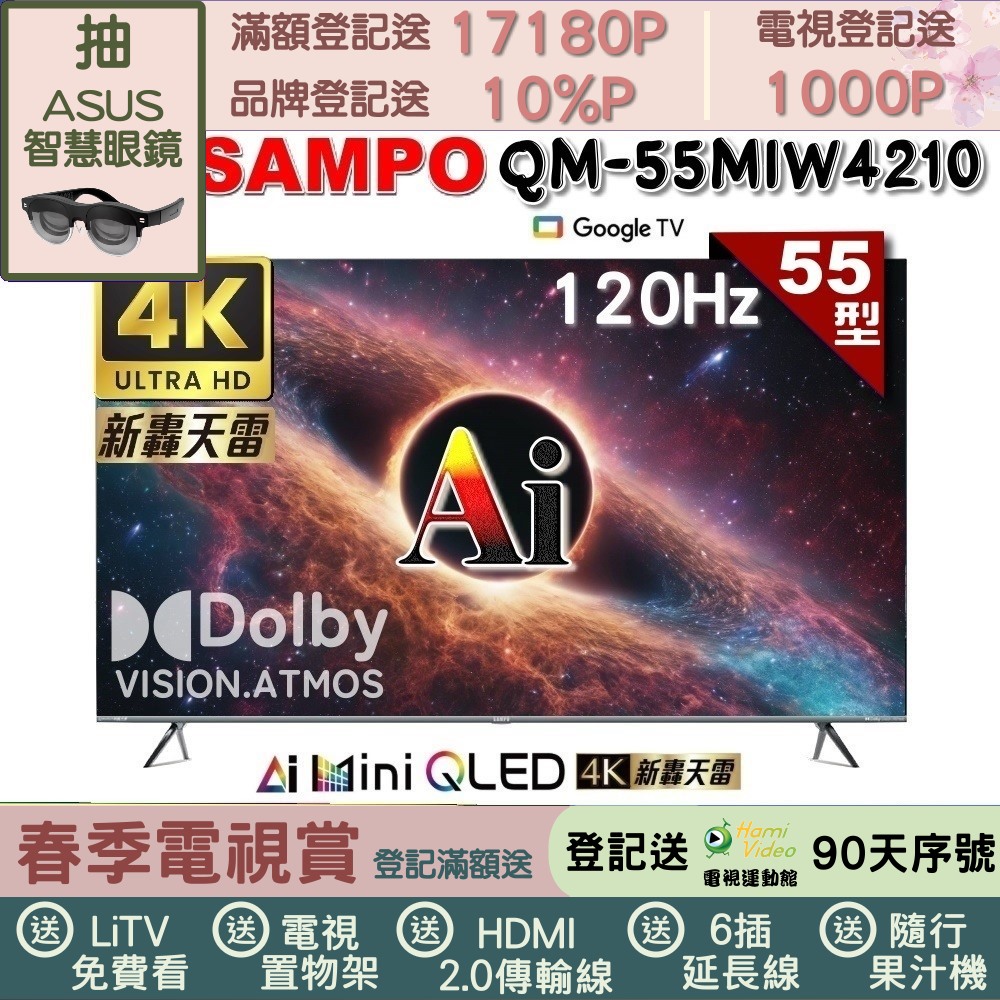 SAMPO 聲寶 55型4K MINI QLED AI優畫120Hz新轟天雷顯示器(QM-55MIW4210 福利品)