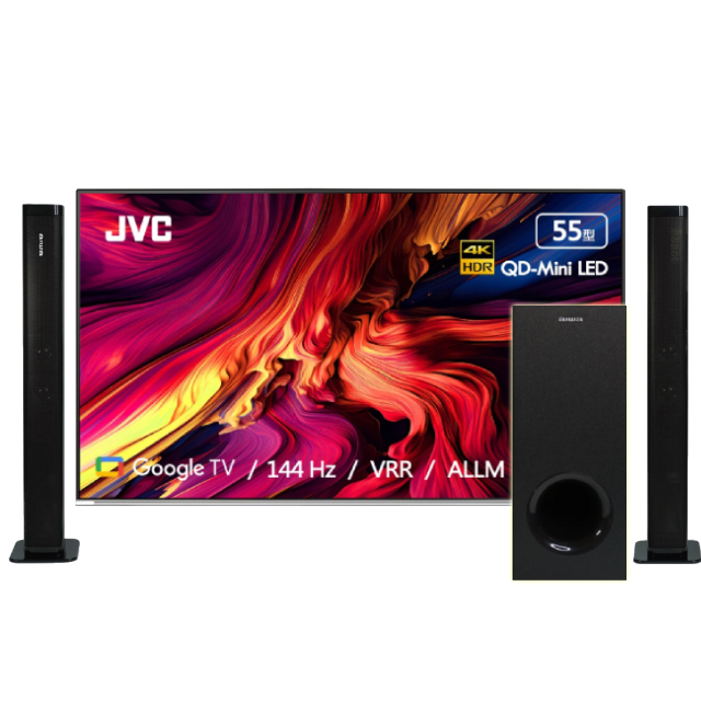 JVC 55吋原生144Hz MiniLed+百分區控光+Google認證4K液晶顯示器 含無線重低音劇院聲霸 (55XM)