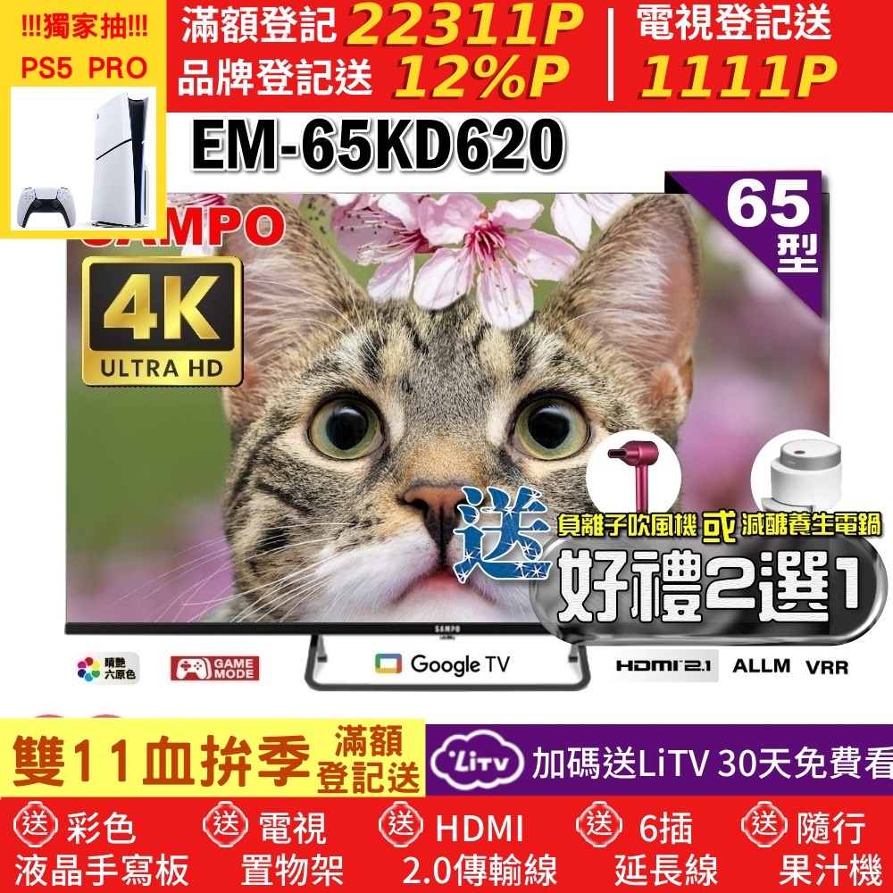 SAMPO 聲寶 65型4K Google TV連網智慧顯示器(EM-65KD620+好禮2選1)