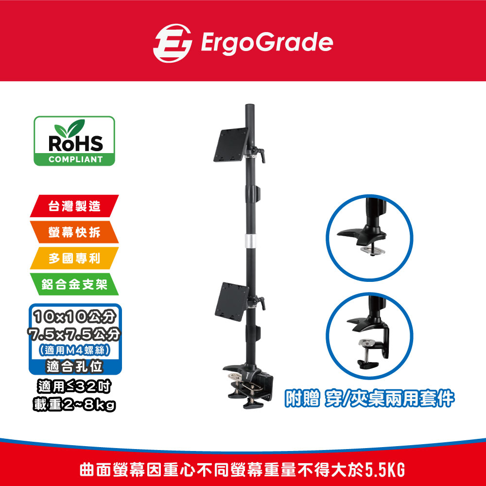 快拆式穿夾兩用上下多動向雙螢幕支架(EGTC012Q)