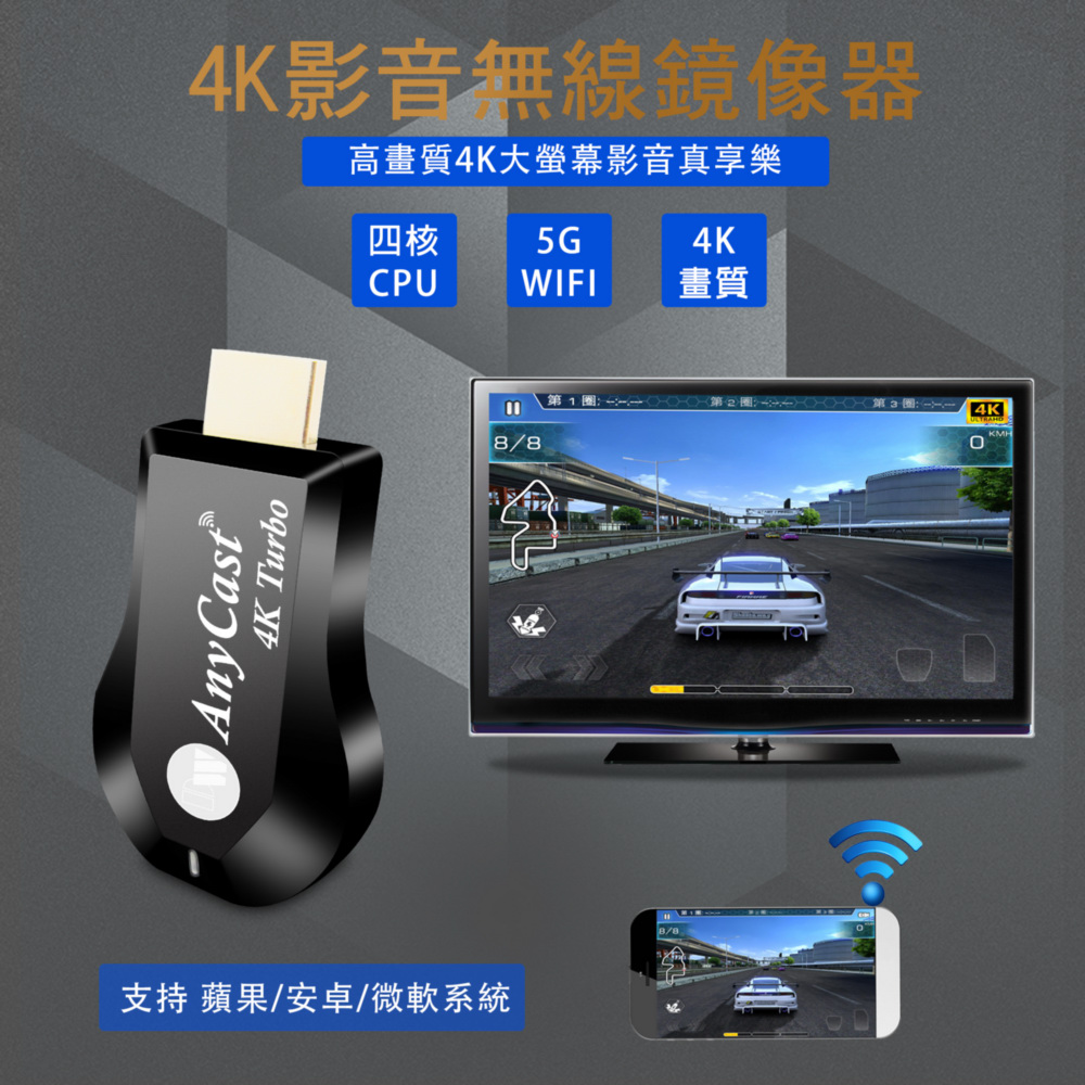 【4K Turbo影音真棒】高速四核心AnyCast雙頻5G全自動無線HDMI影音電視棒(附4大好禮)