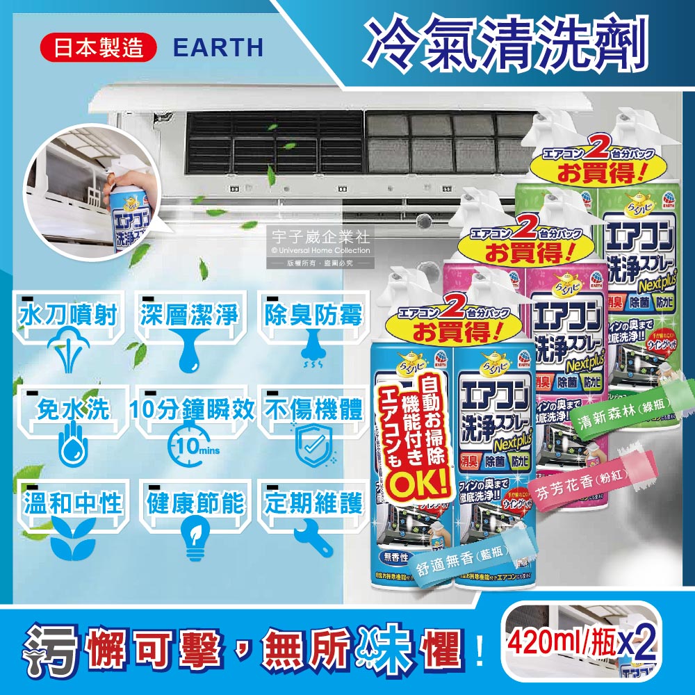 日本興家安速-NextPlus+除臭防霉冷氣清潔劑(3款可選)420mlx2瓶/組