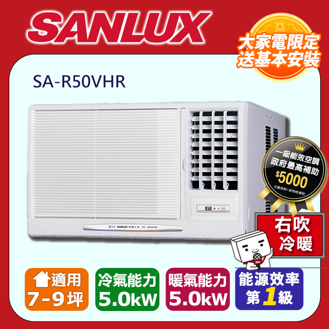 【SANLUX 台灣三洋】7-9坪 R32變頻冷暖右吹式窗型冷氣 SA-R50VHR