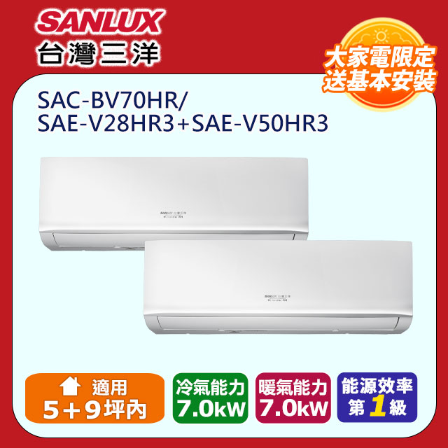SANLUX 臺灣三洋 3-5坪+7-9坪一對二變頻冷暖分離式冷氣(SAC-BV70HR/SAE-V28HR3/SAE-V50HR3)