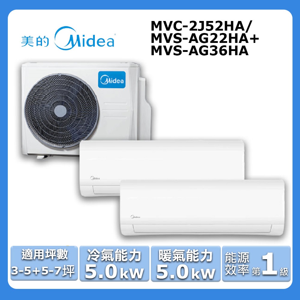 【Midea 美的】《一對二-冷暖型-R32》變頻分離式空調MVC-2J52HA/MVS-AG22HA+MVS-AG36HA