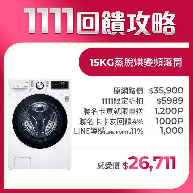 LG 樂金 15公斤WiFi蒸洗脫烘變頻滾筒洗衣機(WD-S15TBD)冰磁白