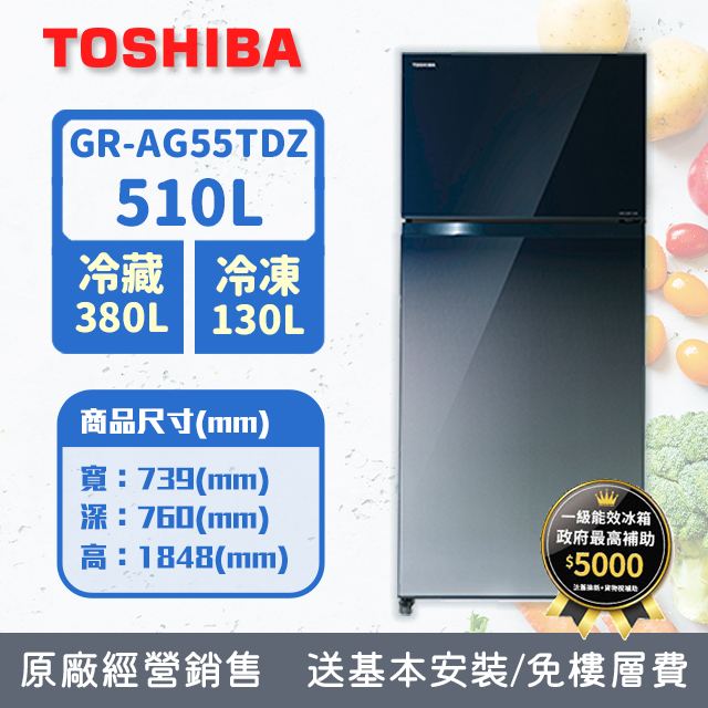 TOSHIBA東芝 510公升雙門變頻電冰箱 漸層藍 GR-AG55TDZ(GG)(含基本安裝+舊機回收)
