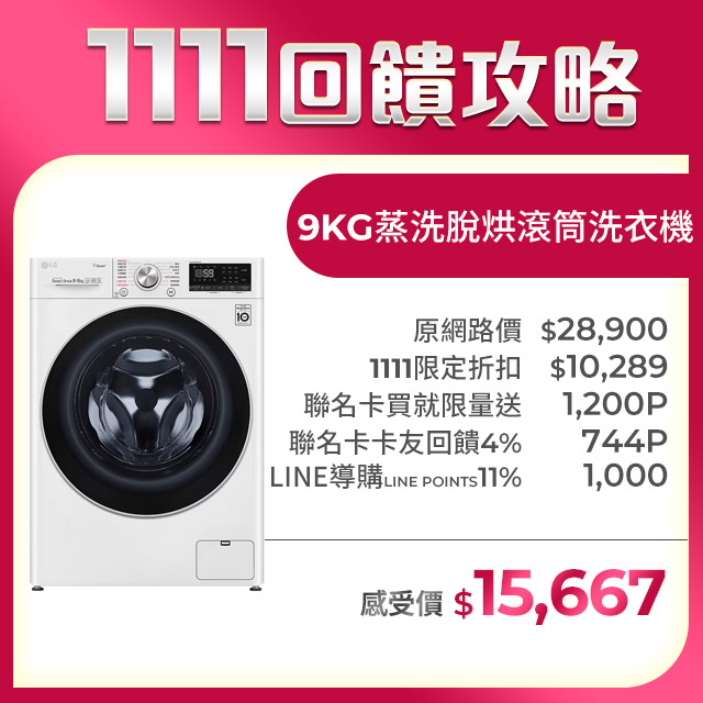 LG 樂金 9公斤WiFi蒸氣洗脫烘變頻滾筒洗衣機(WD-S90VDW)