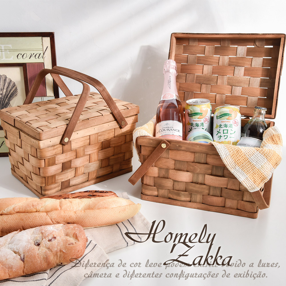 【Homely Zakka】編織木片掀蓋手提野餐籃/收納籃/置物盒