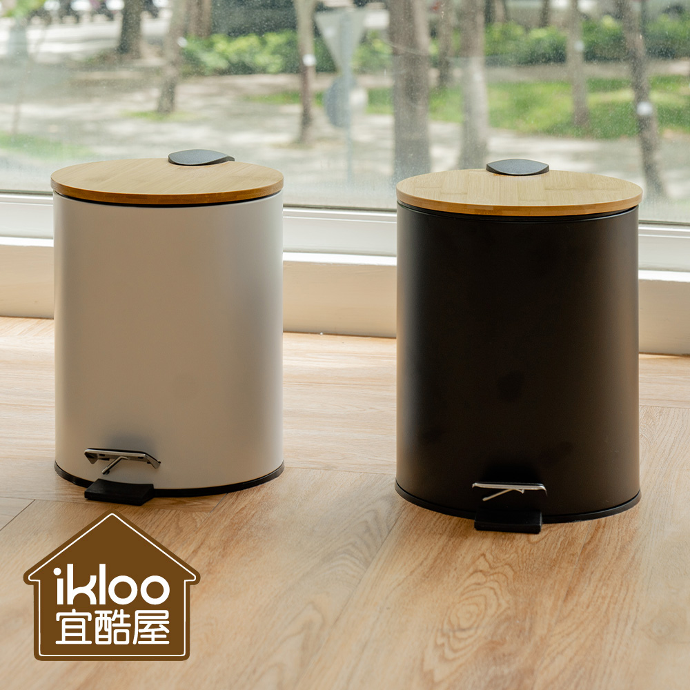 【ikloo】日式竹蓋靜音緩降腳踏式垃圾桶5L 竹蓋 腳踏式 緩衝蓋 雙層垃圾桶 圓形垃圾桶