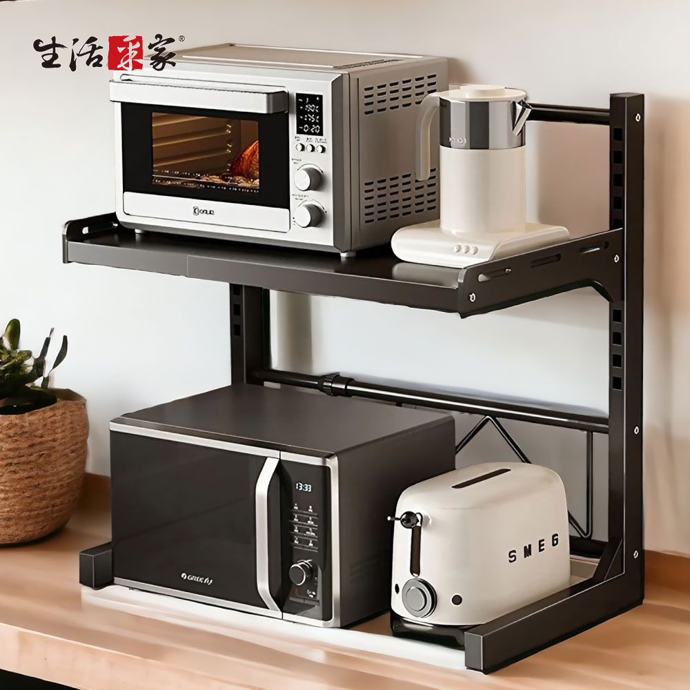 【生活採家】左右伸縮微波爐烤箱加厚置物架 黑色二層#125002