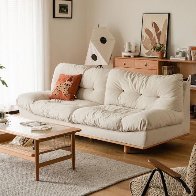 【小半家具】雲朵沙發 北歐櫻桃木實木科技布沙發 三人奶油白