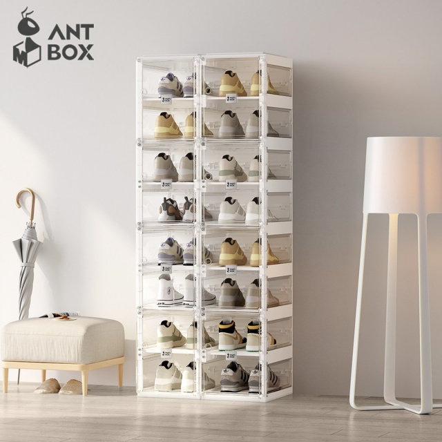 【ANTBOX 螞蟻盒子】免安裝折疊式鞋盒16格(側板透明無色款)