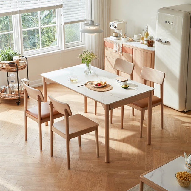 林氏木業日出印象實木岩板1.6M餐桌 TS1R+實木餐椅 TS1S (一桌四椅)