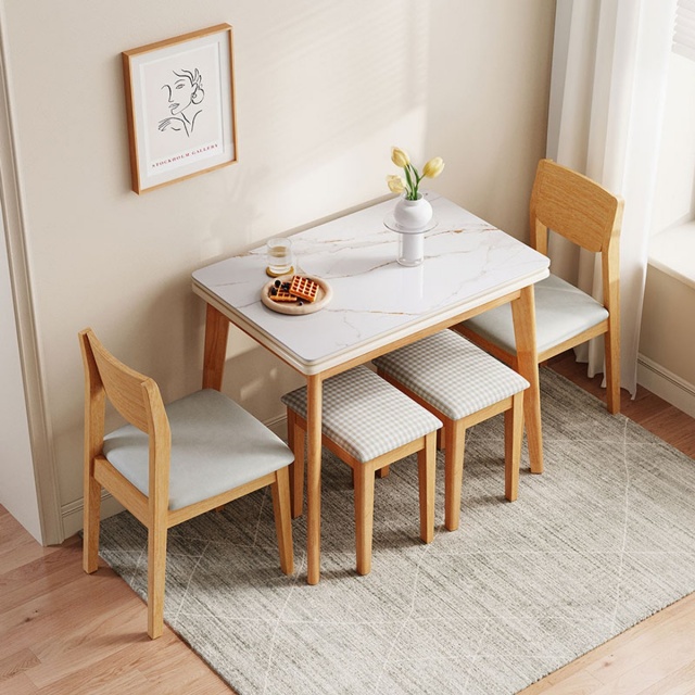 林氏木業北歐風岩板摺疊餐桌+餐凳+餐椅 LS357 (一桌兩凳兩椅)