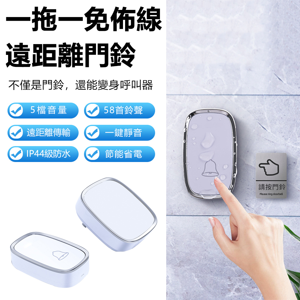 Sily 家用遠距離無線門鈴 一拖一插電式接收器 電子遙控音樂呼叫鈴