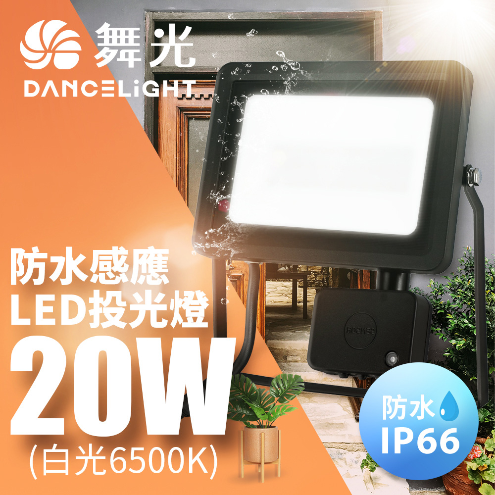 舞光 微波感應泛光燈20W IP66防水 防眩強化玻璃(白光/黃光)