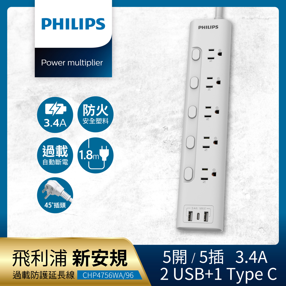 【Philips 飛利浦】新安規 5開5插 3.4A 2USB+Type C延長線1.8米-CHP4756