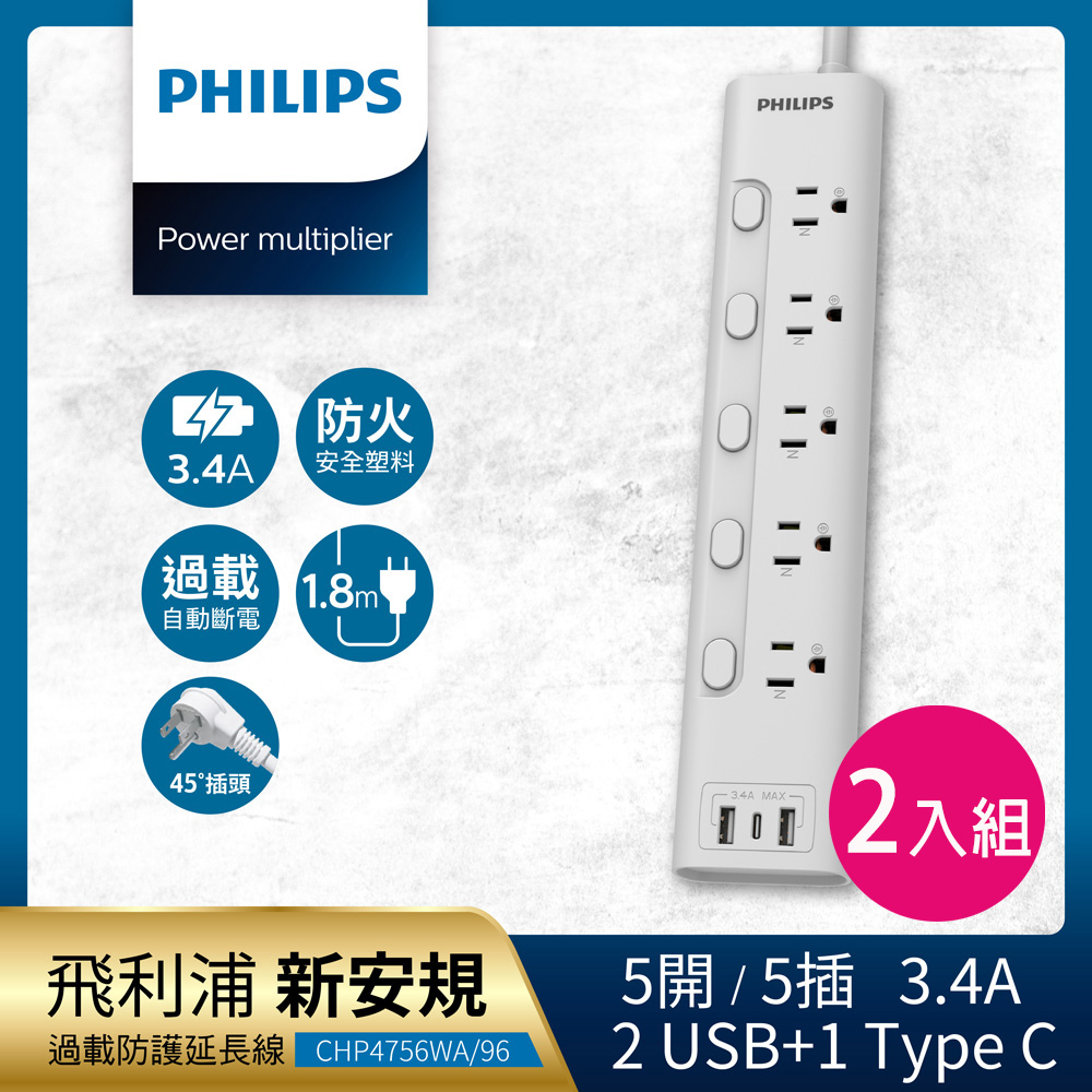 【Philips 飛利浦】新安規 5開5插 3.4A 2USB+Type C延長線1.8米2入組-CHP4756