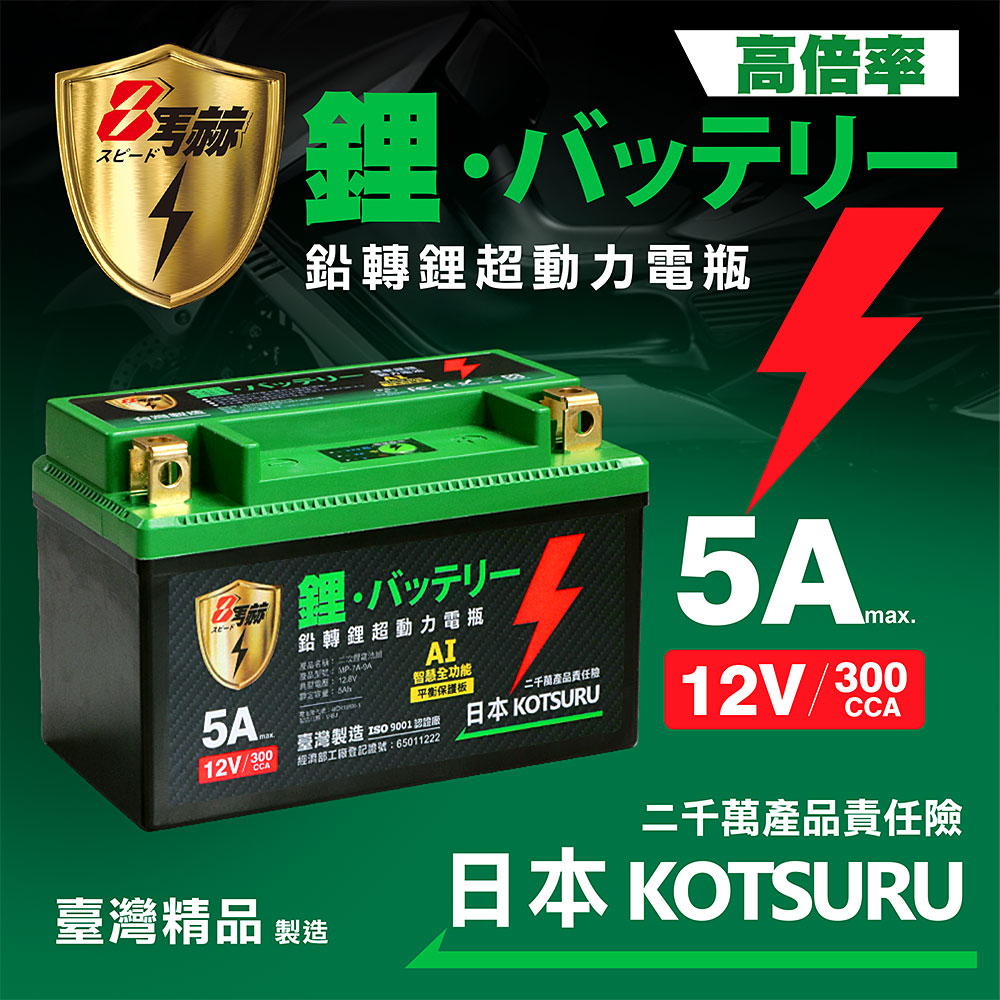 日本KOTSURU MP-7A 8馬赫 鉛轉鋰超動力機車電瓶 鋰鐵啟動電池 12V 300CCA 台灣製造