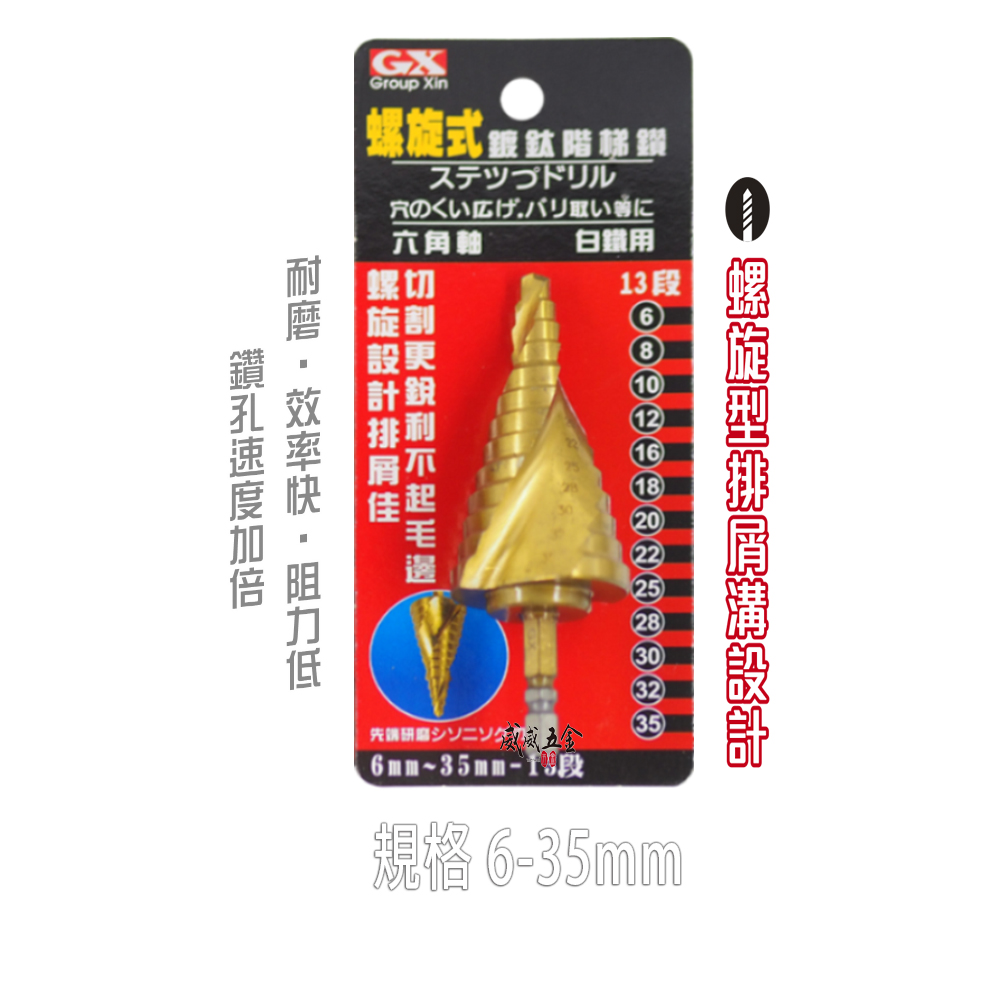 GX 六角柄螺旋式鍍鈦階梯鑽頭 HSS 規格 6-35mm