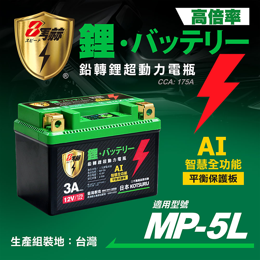 日本KOTSURU 8馬赫 鉛轉鋰超動力機車電瓶 鋰鐵啟動電池 (5L) 12V 175CCA 臺灣製造