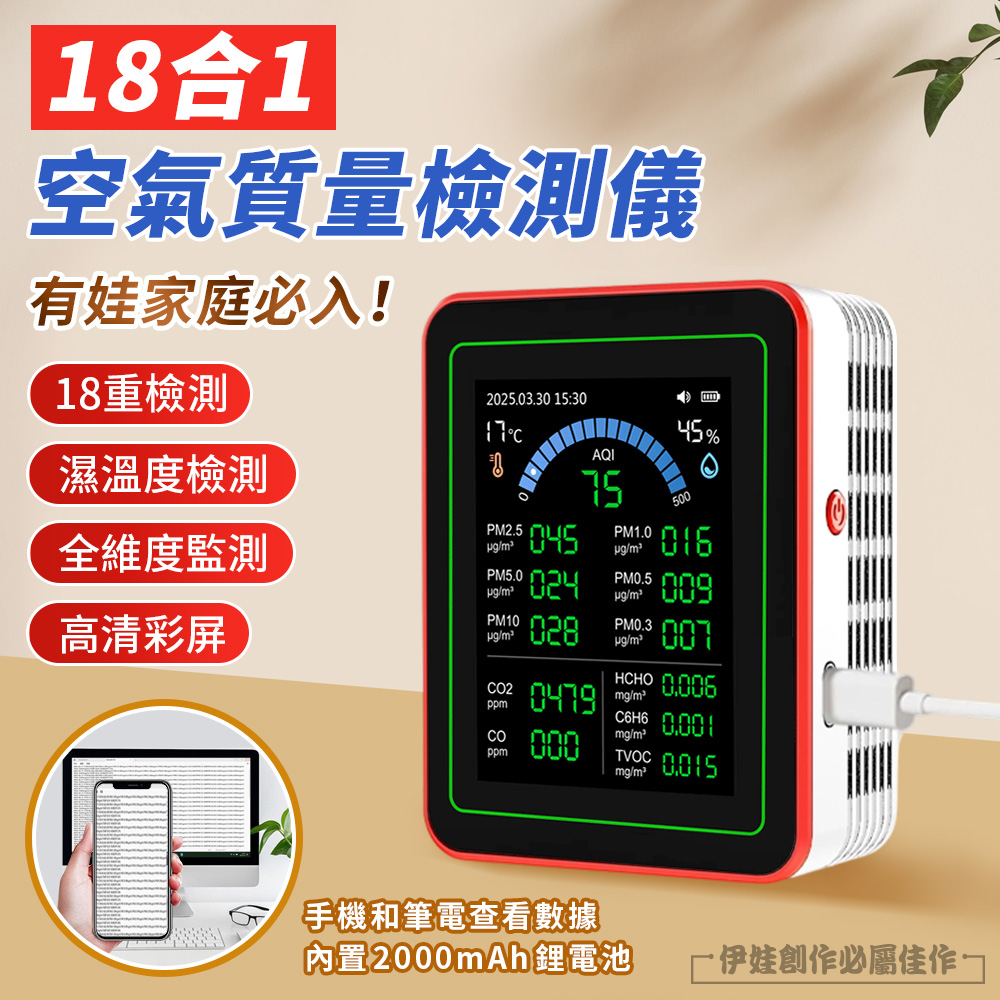 十八合一 空氣檢測儀 PM2.5 PM10 甲醛 揮發性有機物 一氧化碳 二氧化碳 濕度溫度