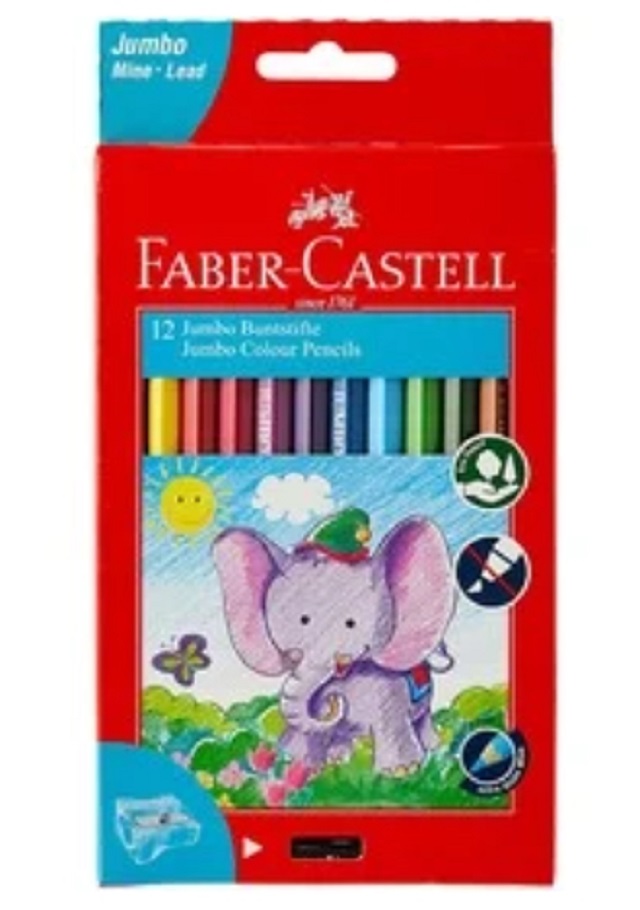 德國 Faber-Castell輝柏 學齡大六角粗筆蕊6.0mm油性無毒色鉛筆-12色(111622)附削筆器