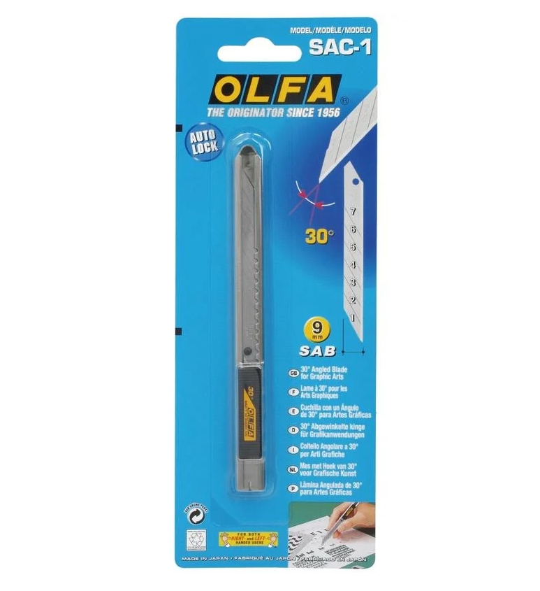 30度美工刀 OLFA 新型自動卡鎖細工刀(SAC-1)不銹鋼刀柄