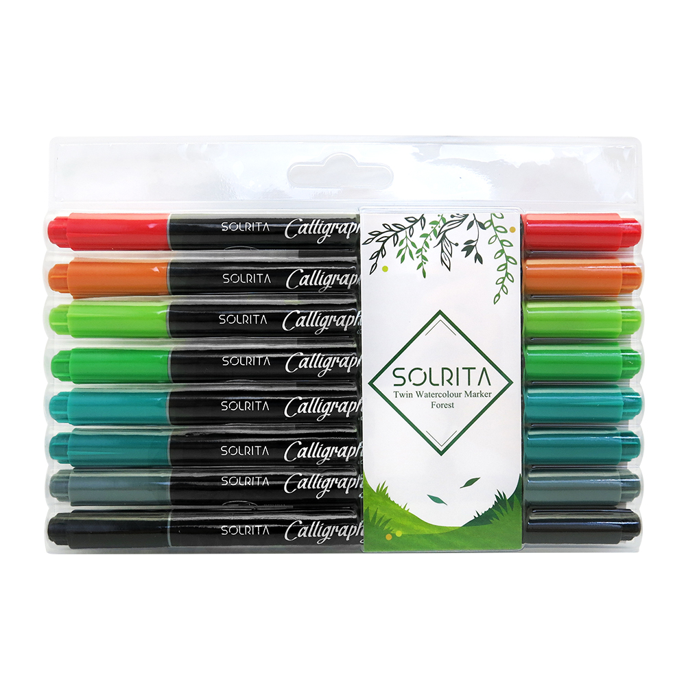 SOLRITA 雙頭水性專業美術筆/彩繪毛筆8支組-森林系列(仿毛刷+平頭)