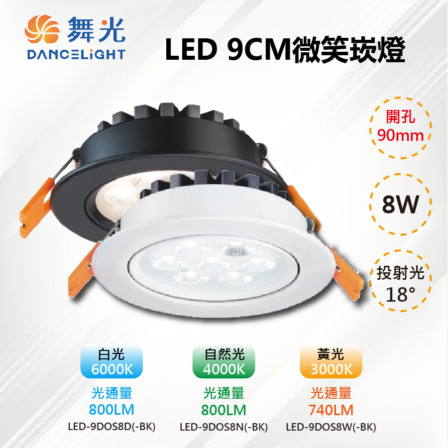 ※2入※【舞光-LED】9CM LED 8W微笑投射崁燈 白殼/黑殼 (三種色溫) LED-9DOS8