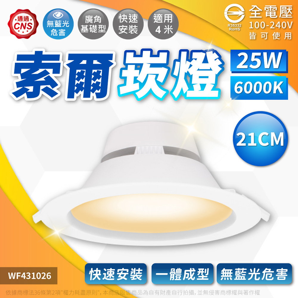 (2入)舞光 LED-21DOP25 25W 白光/自然光/黃光 全電壓 21cm 索爾崁燈