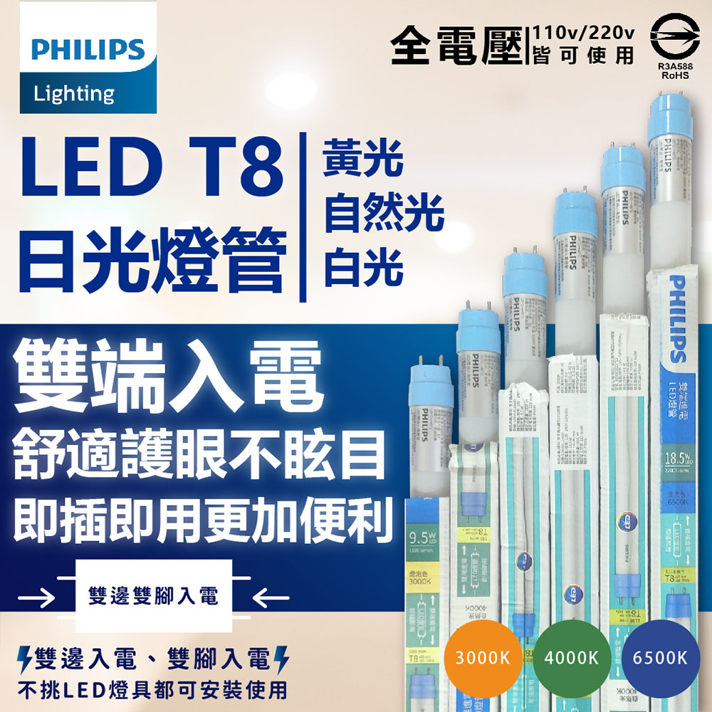 (4入) 【PHILIPS飛利浦】 LED T8 4尺 18.5W 全電壓 雙端入電 日光燈管 (黃光/自然光/白光)