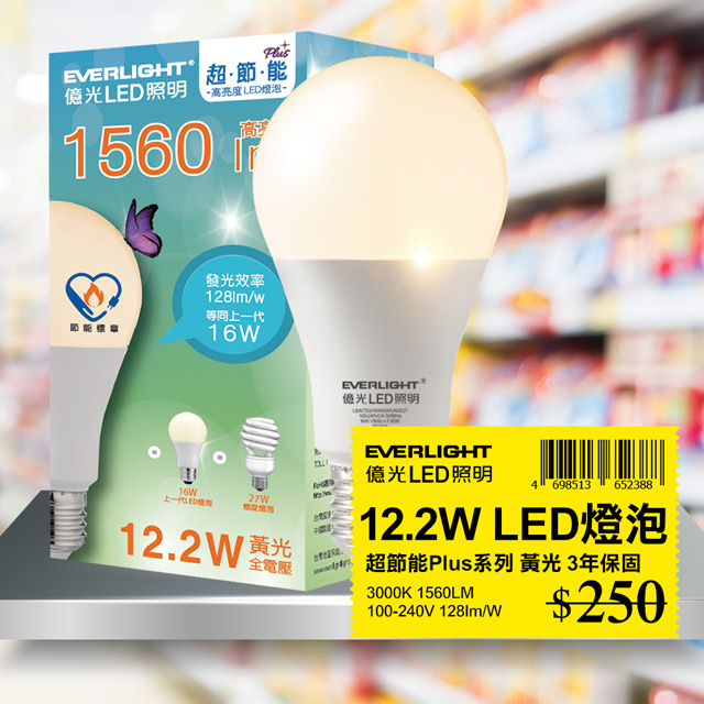 【億光EVERLIGHT】LED燈泡 16W亮度 超節能plus 僅12.2W用電量 3000K黃光 6入