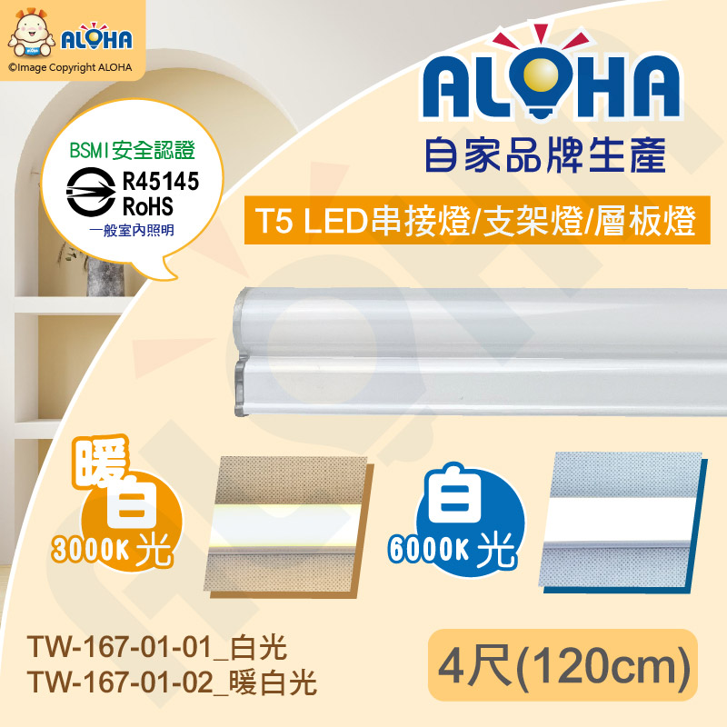 阿囉哈LED總匯 TW-167 10支入-T5串接燈-4尺(120CM)-20W-2400流明-白光/暖白光-支架燈-BMSI認證