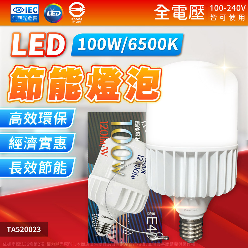 (2入) 【TATUNG 大同】 LED 100W E27 全電壓 球泡燈 (白光)