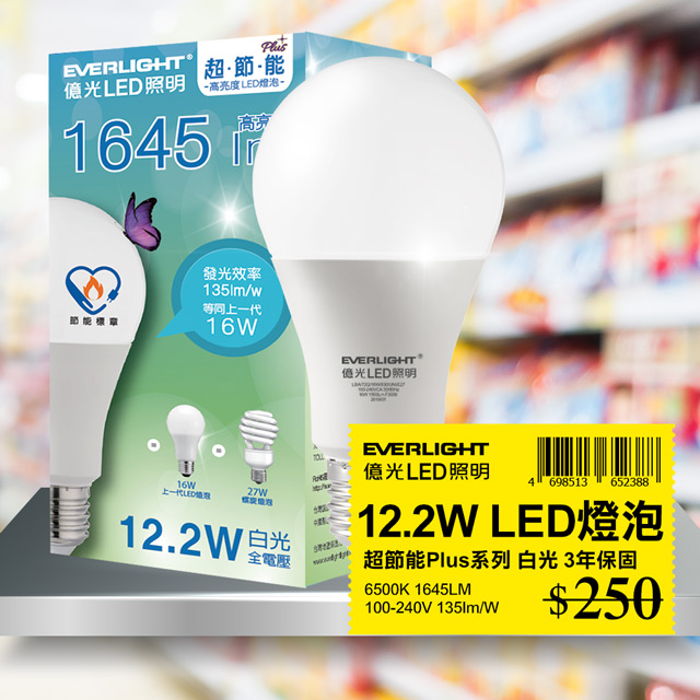 【億光EVERLIGHT】LED燈泡 16W亮度 超節能plus 僅12.2W用電量 6500K白光 8入