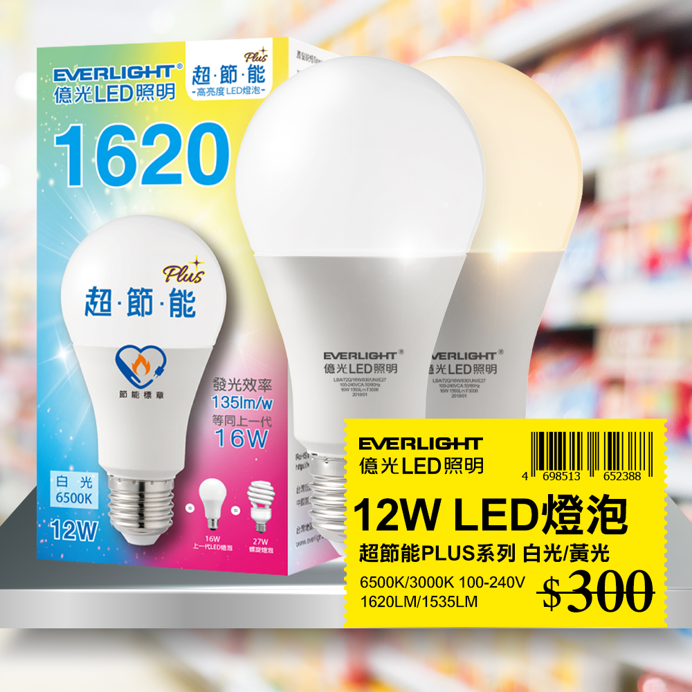 億光EVERLIGHT LED燈泡 12W 超節能plus 節能標章 白光/黃光 1入