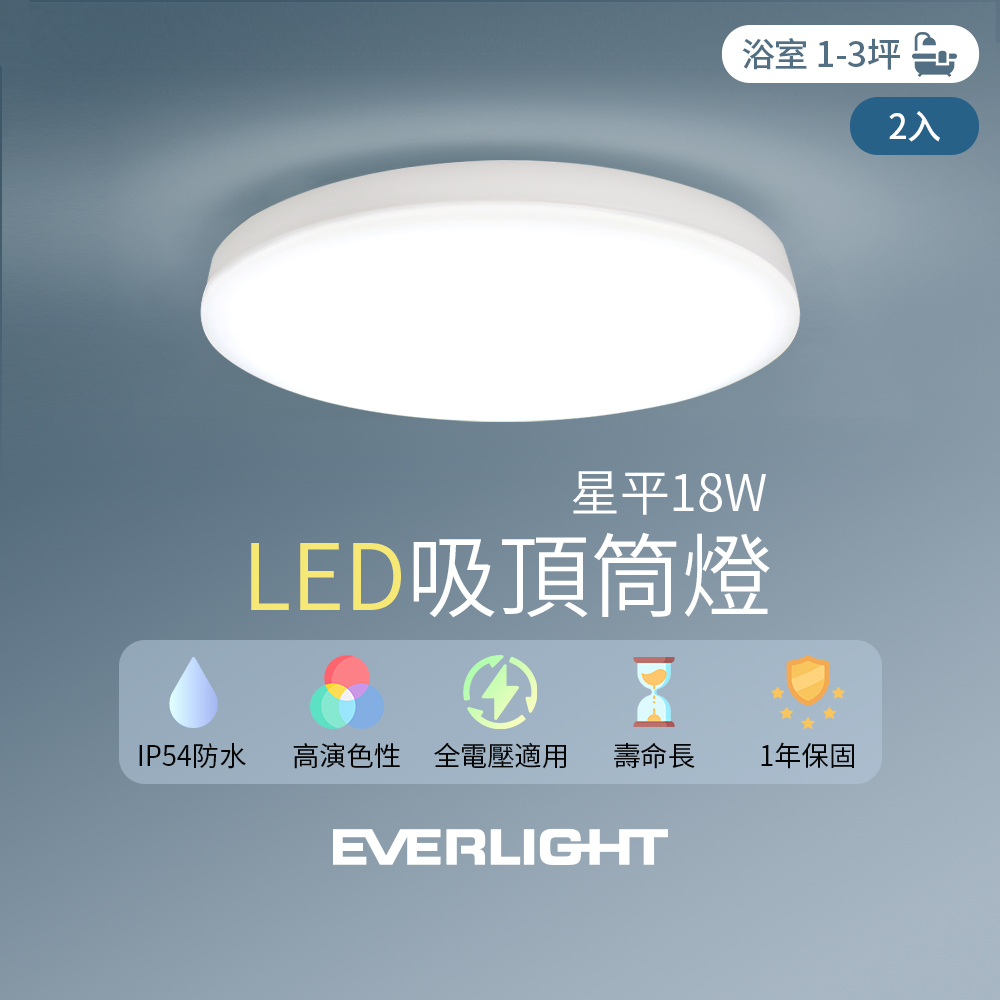 【2入組】EVERLIGHT億光 LED 18W星平 防水吸頂筒燈(白光/黃光)