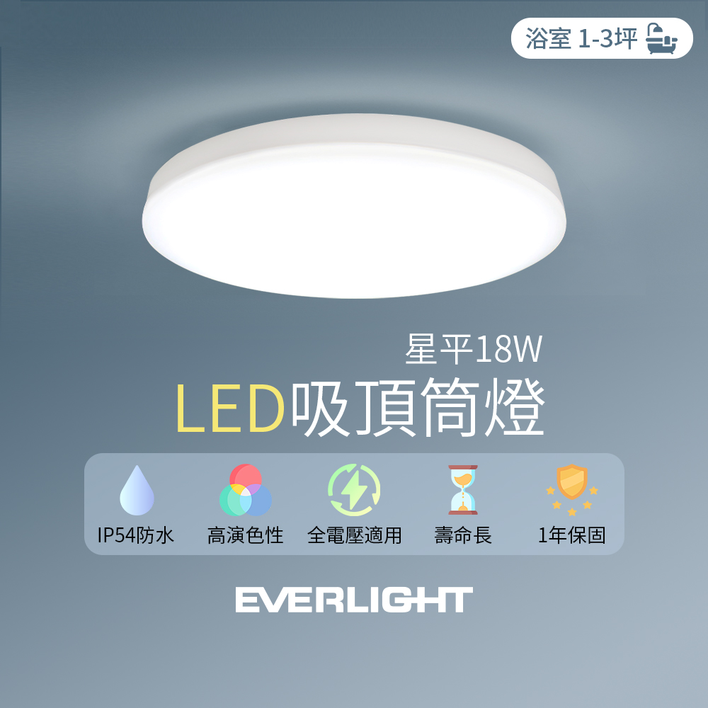 【1入組】EVERLIGHT億光 LED 18W星平 防水吸頂筒燈(白光/黃光)